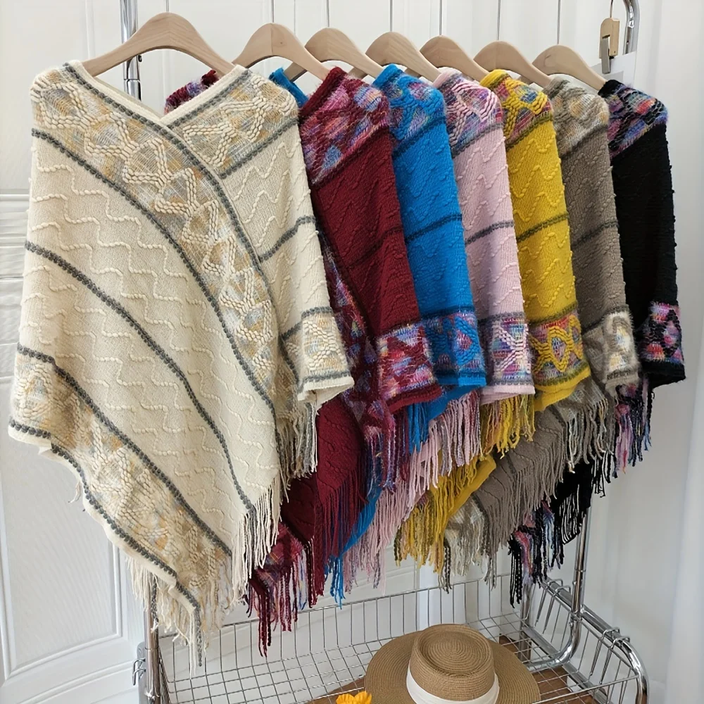 

Spring and Autumn ethnic style knitted women's shawl, loose fitting, pullover, tassel, fashionable, Chinese style, high-end