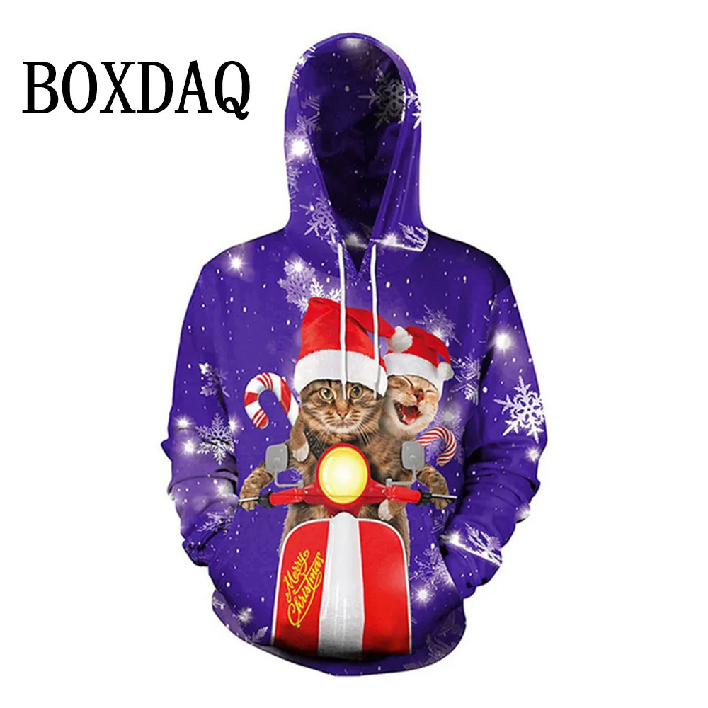 Funny Cat Christmas Party Hoodies Women Cute Sweet Casual Fashion Hooded Tops Autumn Winter Long Sleeve Pullover Pockets Hoodies