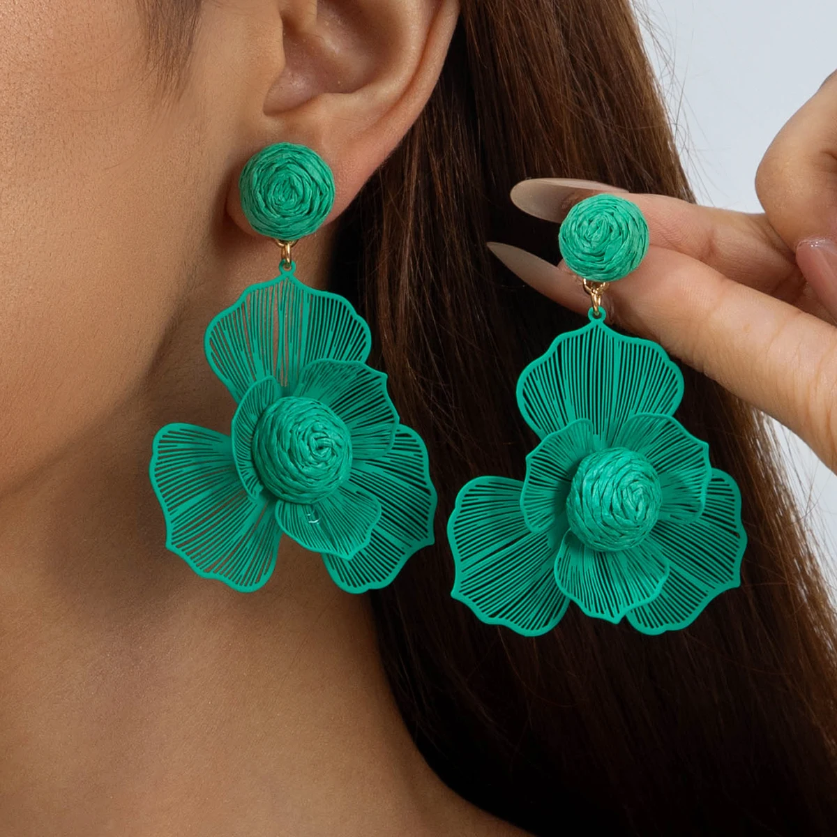 Tocona Fashion Lafite Grass Green Flower Pendant Earrings Personalized Trendy Jewelry Women's Summer Daily Vacation Accessories