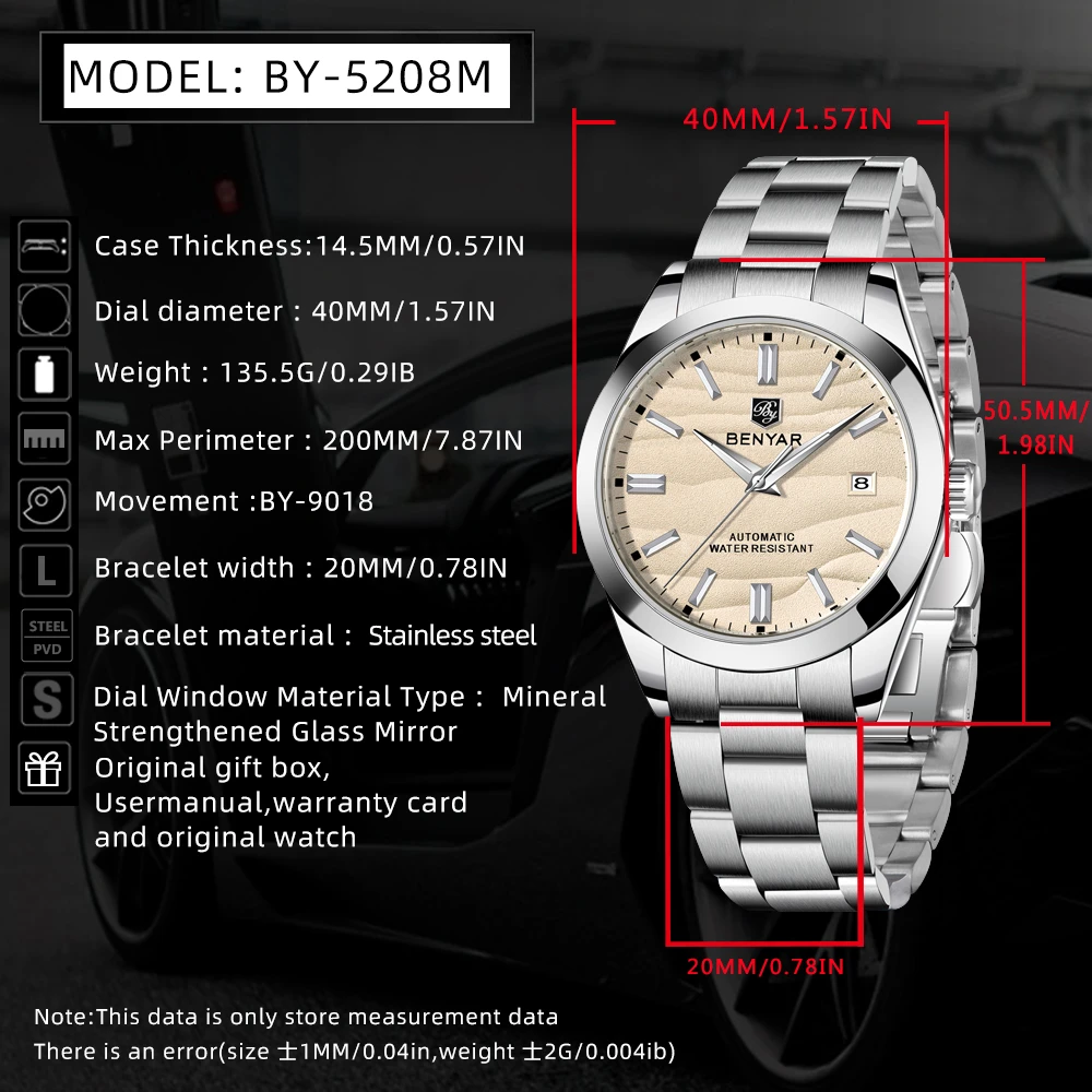 BENYAR Luxury Brand 40MM Sand Grain Dial Men's Watch, Stainless Steel 50 Meter Waterproof Automatic Mechanical Watch