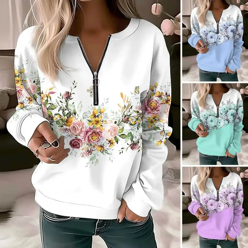 Women Fall Spring Sweatshrit Flower Print V Neck Zipper Decor Long Sleeve Pullover Soft Casual Thick Elastic Cuff Lady Top Blous