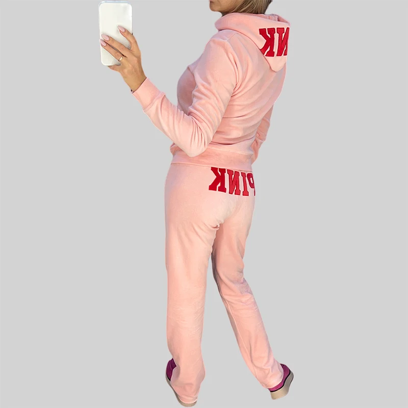 Nieuwe 2024 Roze Fluwelen Trainingspak Tweedelige Set Dames Trainingspak Hoodies Met Letter En Velours Mode Trainingspak Voor Dames Outfit