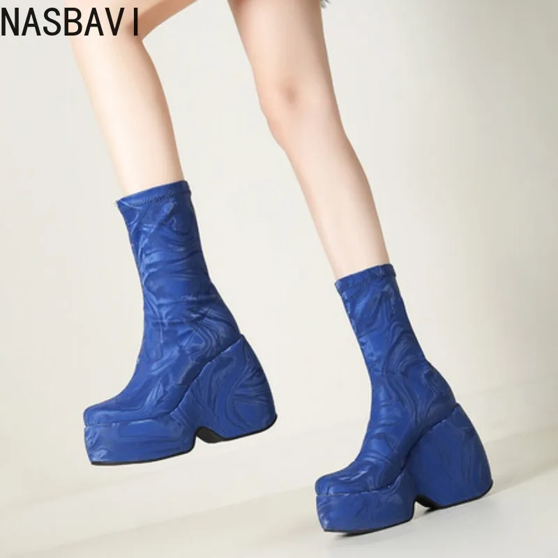 NASBAVI Black Blue Green Fashion Heighten Wedges High Heels Mid-calf Boots Women Thick Platform Slip on Stovepipe Short Booties