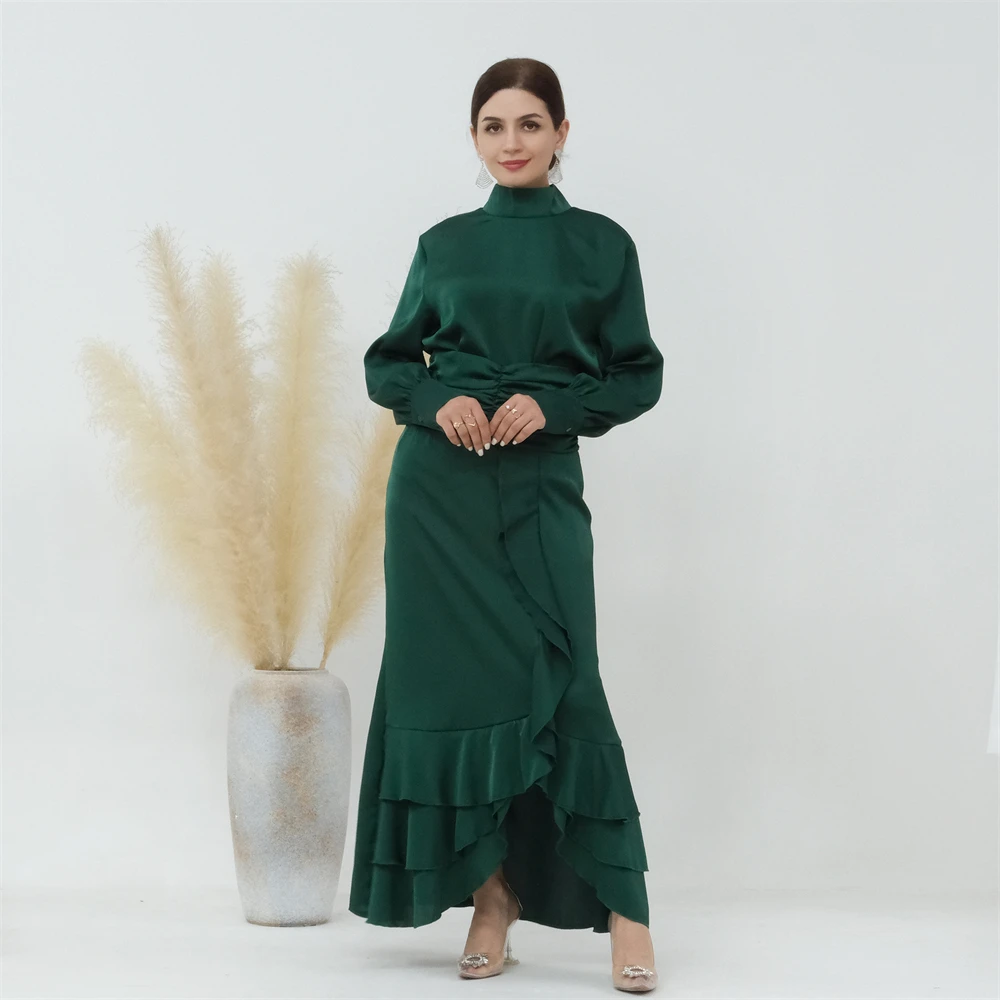 Satin 2 Piece Muslim Women Matching Sets Dubai Tops and Long Skirt Suit Ruffle Eid Modest Outfits Abaya Kaftan Islamic Clothing