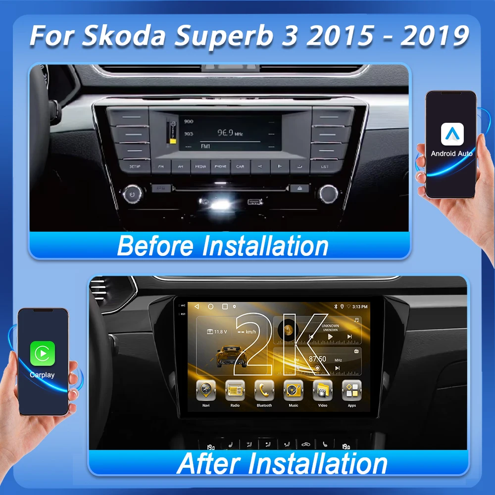 Android 16 For Skoda Superb 3 2015 2016 2017 2018 2019 Carplay Multimedia Car Radio Player WIFI+5G DSP Stereo 2K QLED GPS 8 Core