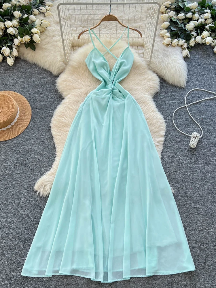 

Элегантное женское платье для отпуска с V-образным вырезом, плиссированной талией, открытой спиной, длинное, летнее, с завышенной талией, А-силуэт