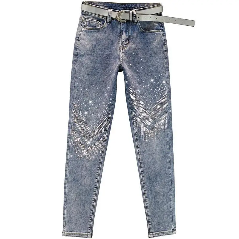 

2026 New Women's High Waist Skinny Jeans Rhinestone Decorated Cotton Stretch Cropped Tapered Slim Fit European Fashion Denim