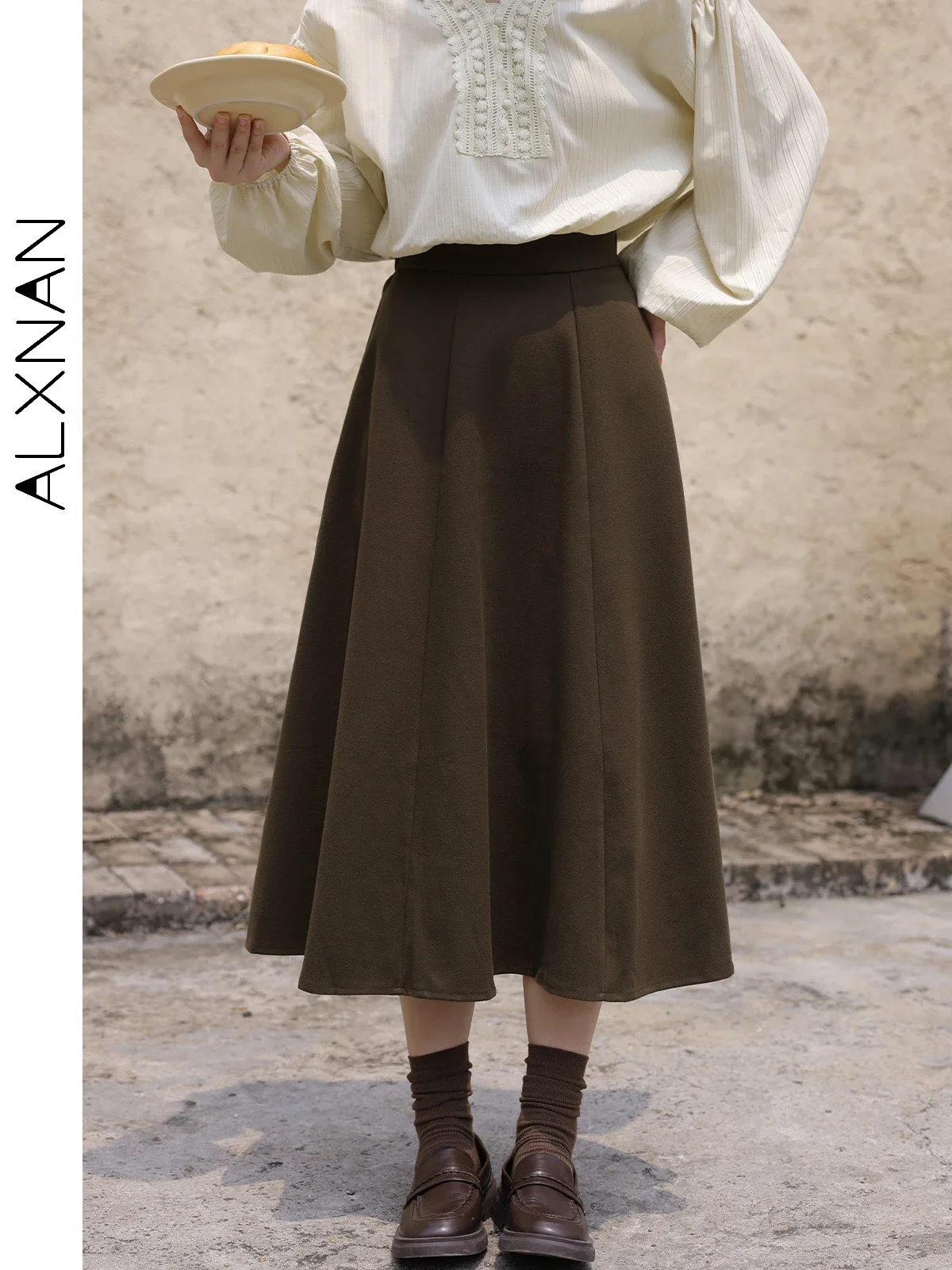 ALXNAN High Waist A-line Skirt for Women 2023 Fall New Mid-length Pleated Commuter French Retro Skirts Sold Separately LXN216105