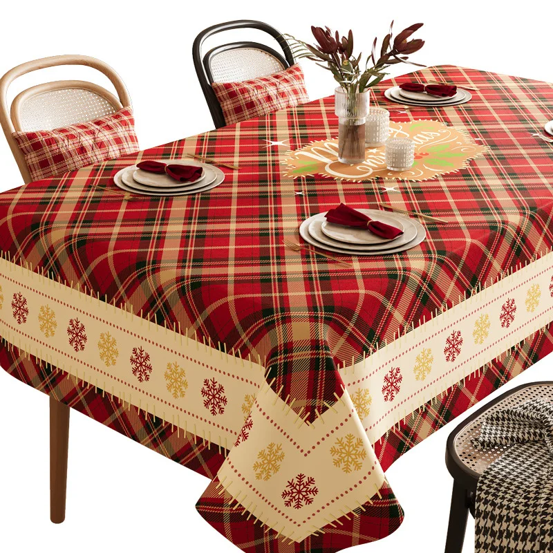 Christmas PVC Tablecloth Red Green Plaid Snowflake Reindeer Waterproof Oilproof Heat Resistant Rectangle Festive Dining Cover