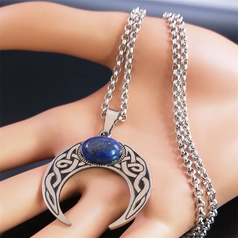 Vintage Crescent Moon Knot Pendant Necklaces for Women Stainless Steel Blue Stone Silver Color Punk Chain Jewelry collier N7941