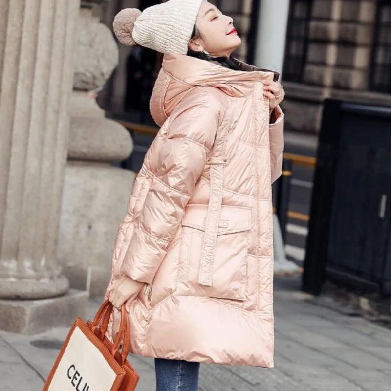 New Women Korean Down Jacket Fashion Snow Winter Warm White Duck Down Jacket Female Casual Irregular Shiny Hooded Parka Overcoat