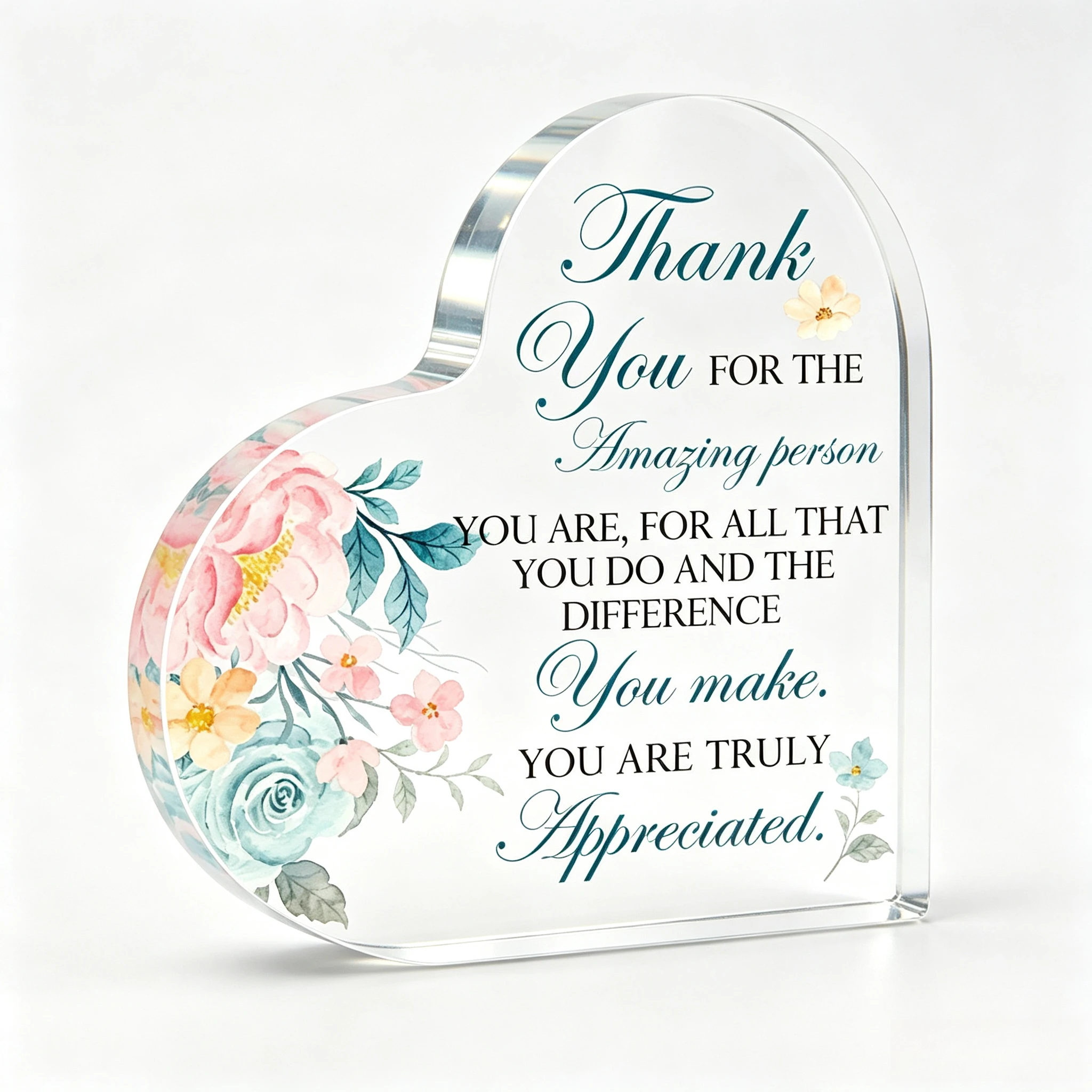 Thank You For The Amazing Person Heart‑Shaped Acrylic Tabletop Plaque, Watercolor Floral Appreciation Desk Decor