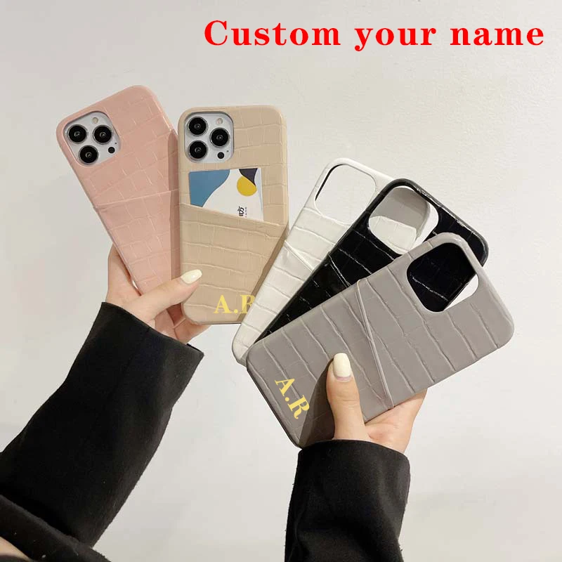 

Fashion Personalise Name A-Z Letters Leather Card Slot Phone Case For iPhone 13 12 11 Pro X XS Max XR 7 8 Plus Cover