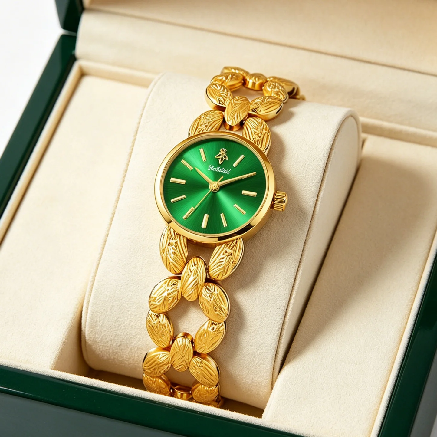 

YaLaLuSi Women's Watch Hollow Link Alloy Band Round Green Dial Quartz Wristwatch Elegant Ladies Dress Watch With Gift Box