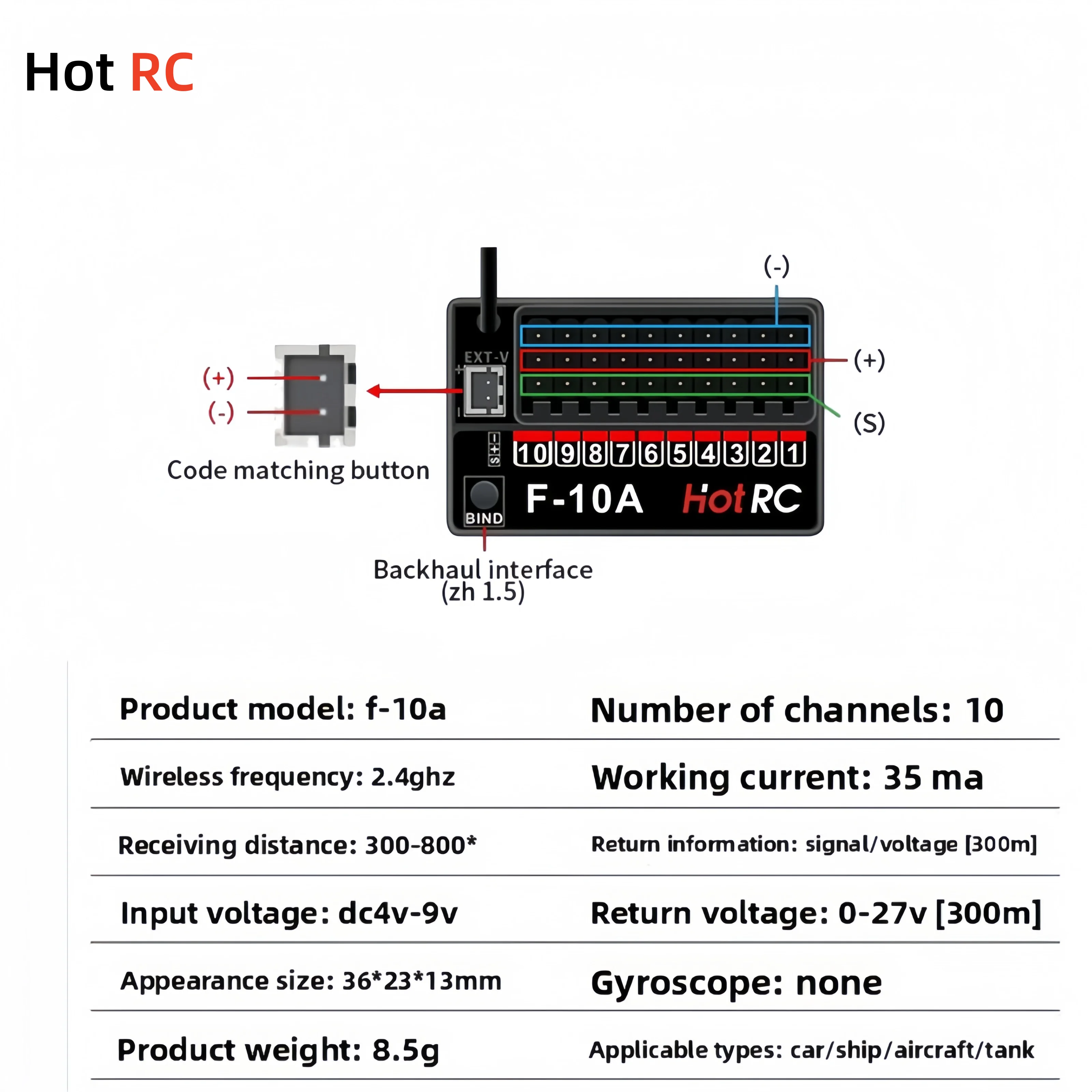 

10-канальный ШИМ-приемник 2,4 ГГц используется с передатчиками серии HOTRC для дистанционного управления самолетами, автомобилями и лодками.