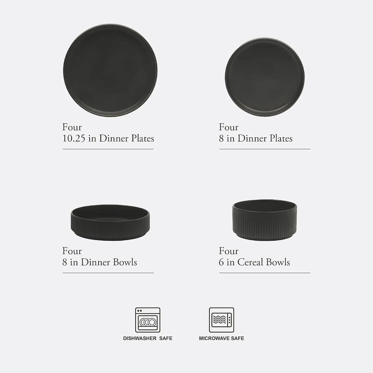 Stackable Stoneware Dinnerware Set, 16-Piece Service for 4 with Matte Black Reactive Glaze Plates and Bowls, Modern Design, Microwave and Dishwasher Safe