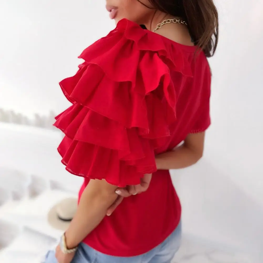 Fashion Women Blouse Solid Color Layered Ruffle Short Sleeve Asymmetric Loose T-shirt Pullover Top for Summer