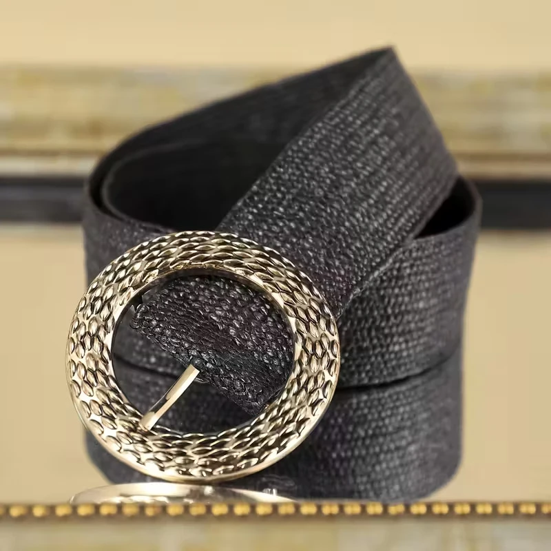 Woven Wide Waist Belt for Women, Vintage Texture with Round Hollow Metal Buckle, Three-Color Bohemian Vacation Style Dress Decorative Wide Belt