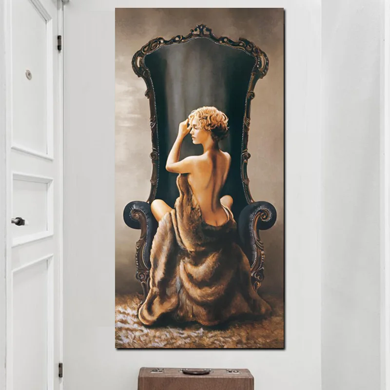 

HD Print Wall Canvas Pop Art Vintage Large Sexy Woman on Chair Oil Figure Painting Girl Naked Body Picture for Living Room Decor