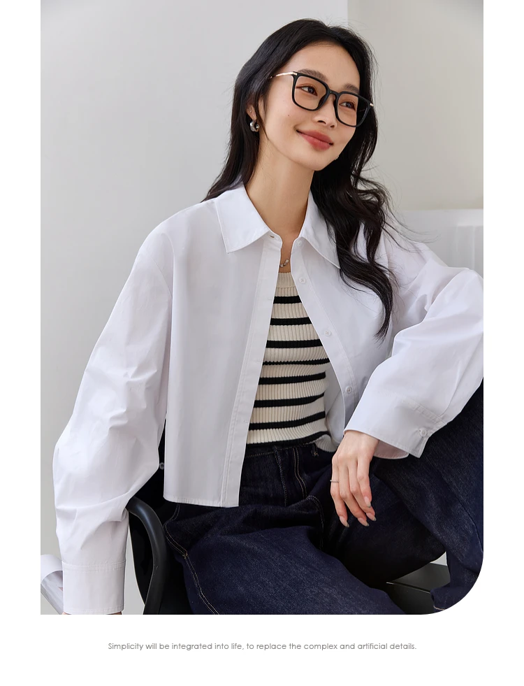 VIMLYVIMLYVIMLY White Simple Commuter Lapel Short Shirt Women's 2025 Spring New Premium Shirt Pure Cotton Top A0285