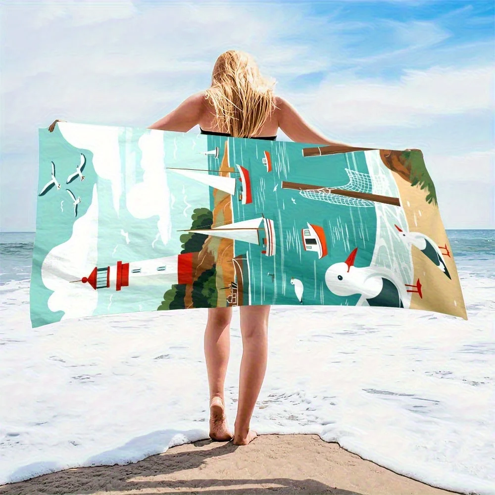 Beach towel lighthouse sailboat pattern sunscreen and windproof suitable for beach pool camping travel beach blanket