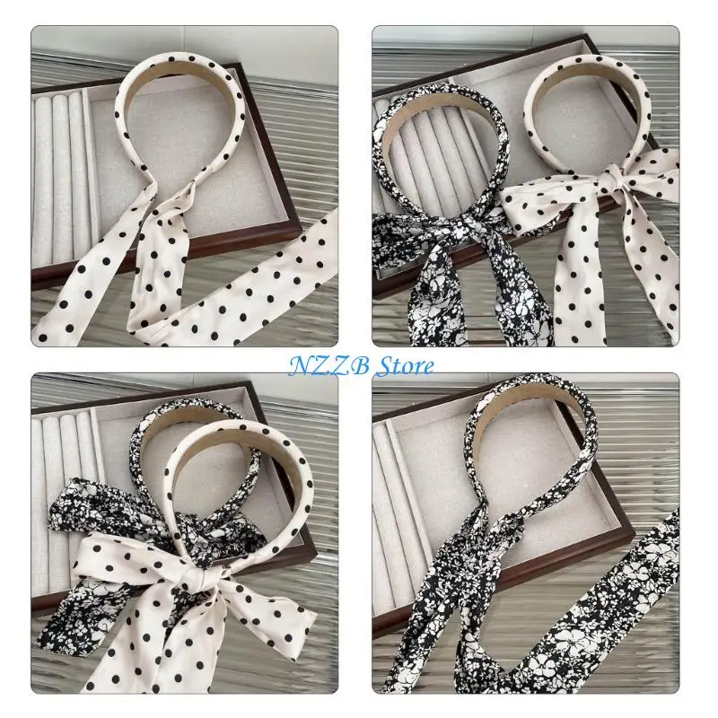 

T21F Model Show Headband with Dotted/Flower Print French Headband for Girl Spring Headband Pastoral Headpiece