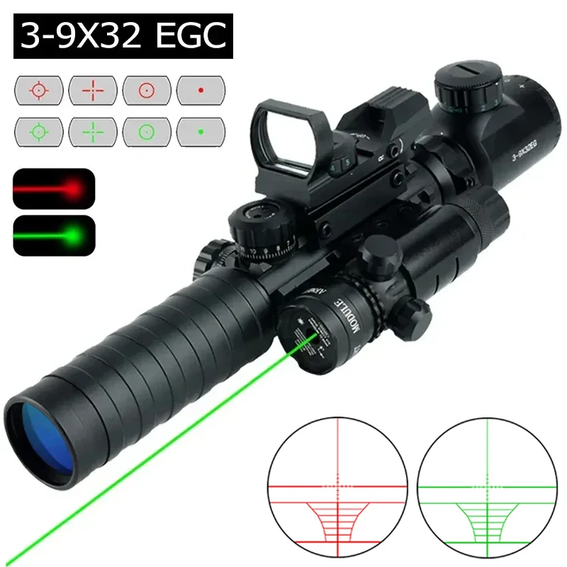 3-9X32 EGC Tactical Scope Red Green Dot Laser Combo Riflescope Adjustable Optical Hunting Airsoft Sight Fit 20mm Weaver Rail