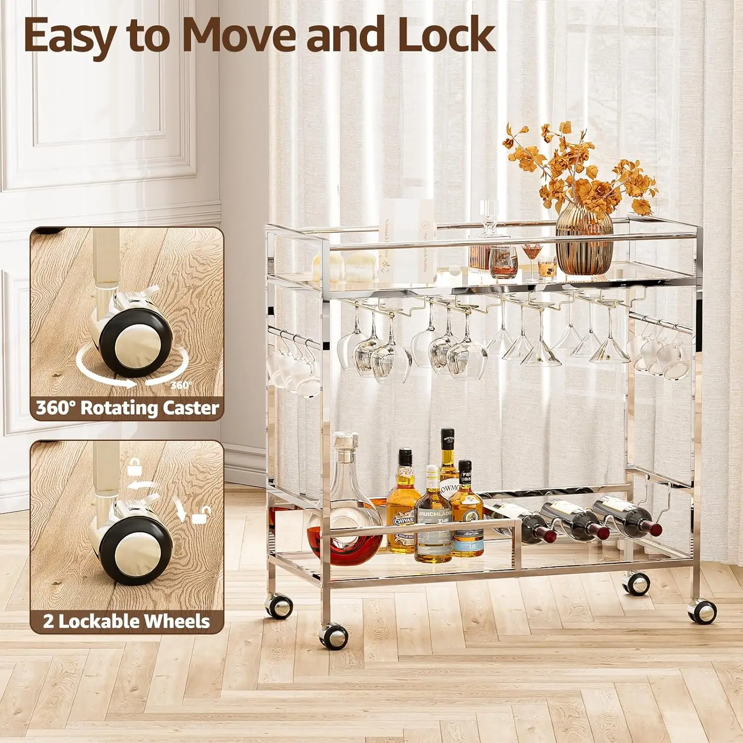 عربة بار، عربة تقديم بار منزلية على عجلات قابلة للقفل، عربة دوارة من طبقتين مع أرفف من الزجاج المقسى ورف النبيذ