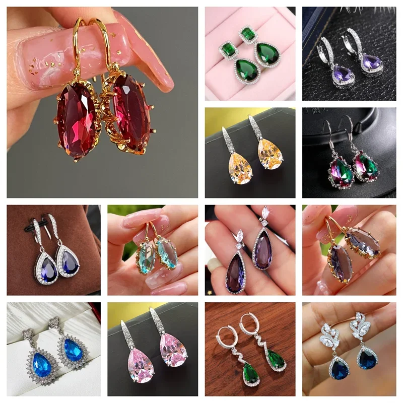 New Water Drop Red/Green Women\'s Earrings with Design Retro Silver Daily Wear Personalized and Minimalist Jewelry