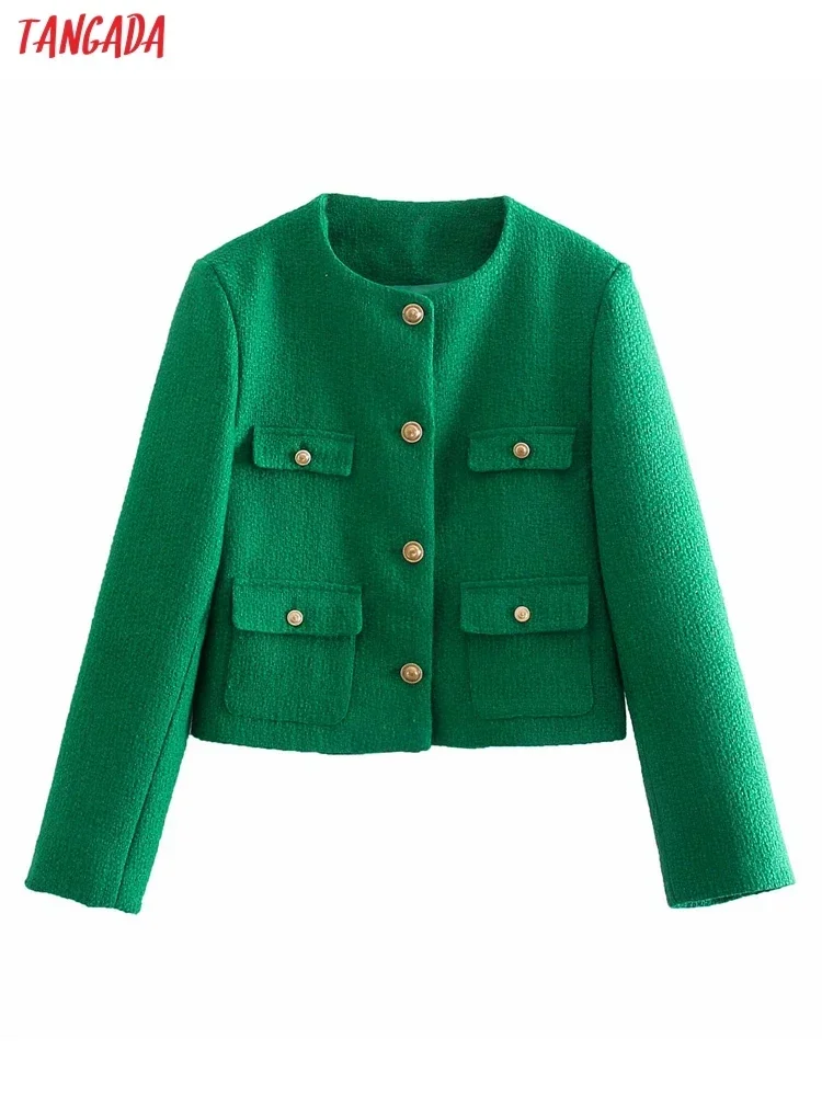 Tangada Women 2021 Fashion Green Tweed Crop Blazer Coat Vintage Long Sleeve Female Outerwear 8Y194