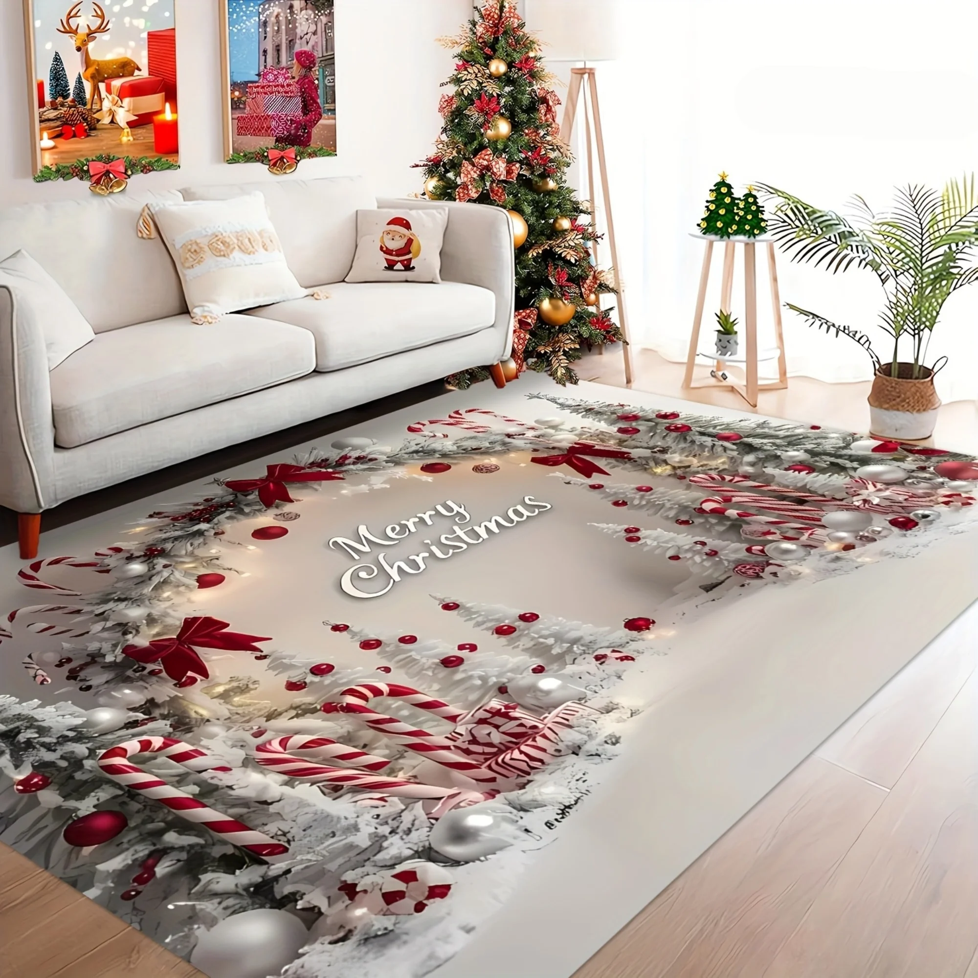 Novelty Holiday Santa Area Rug 3D Fireplace Tree Gift Pattern Large Carpet for Residential Interior Decor