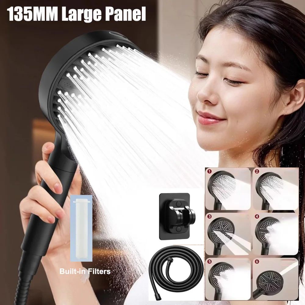 

135mm Big Panel High Pressure Shower Head 6-Speed Mode Adjustable Bathroom Handheld Shower Set Large Flow Showerhead with Filter