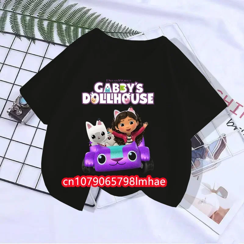 Camiseta de casa de muñecas Kawaii Gabby para niños y niñas, camisetas de dibujos animados, ropa de cumpleaños temática superior de Anime, cuello redondo, manga corta, regalo de verano