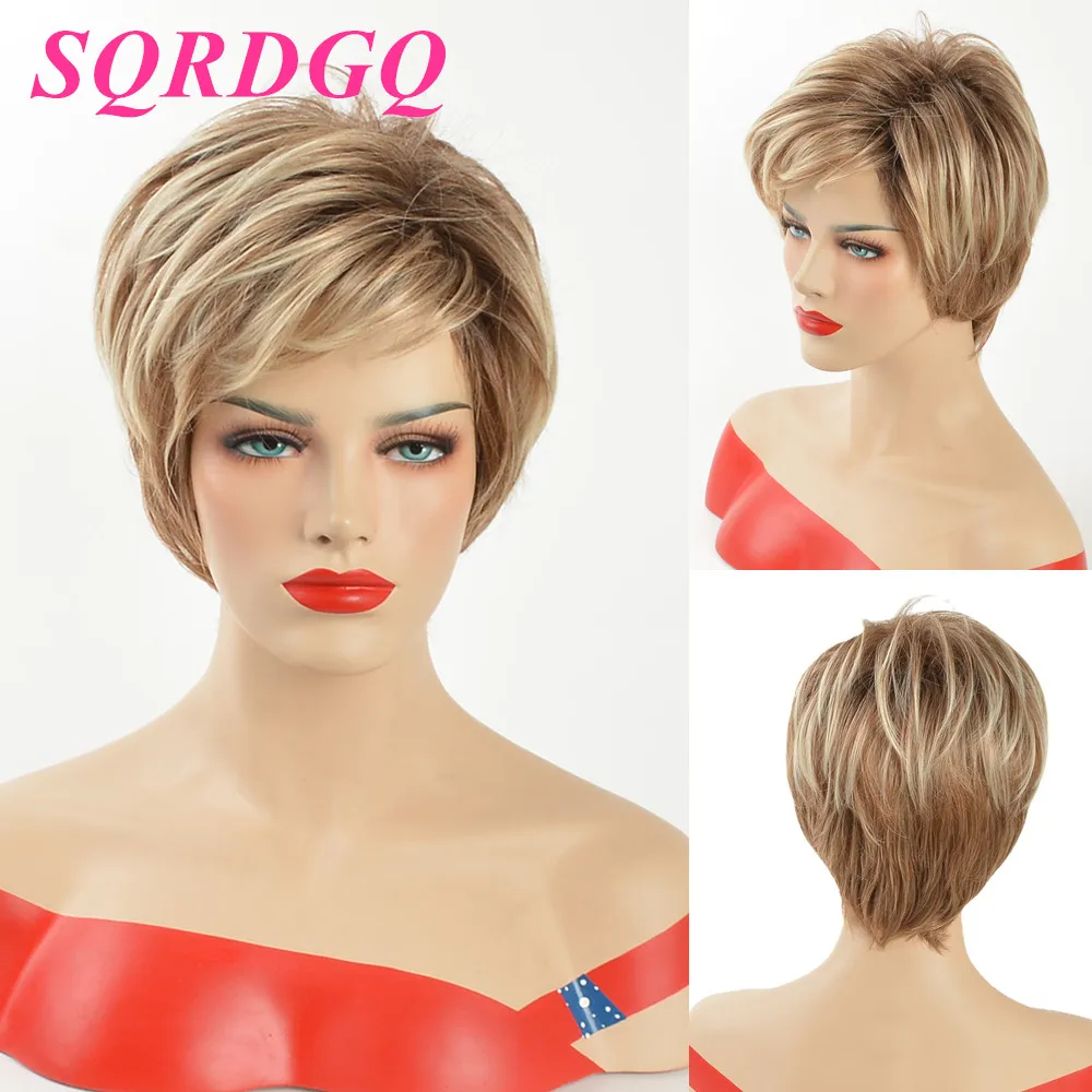 

SQRDGQ Короткие прямые синтетические парики для женщин Стрижка пикси Ombre Светло-русый парик Женский натуральный парик с челкой Косплей Ежедневно