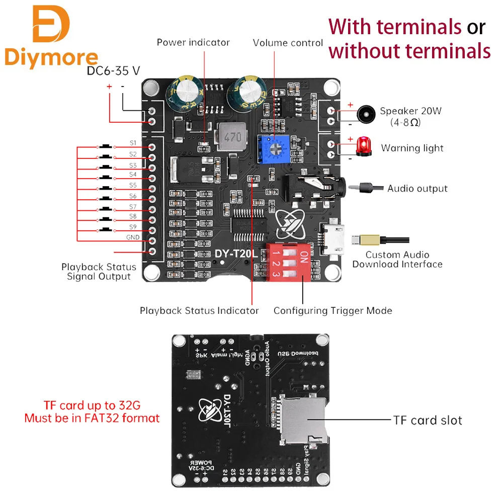 DY-T20L DC6-35V 10W/20W voice MP3 playback control module one-on-one trigger audio module supports USB flash drive TF-T20L Micro