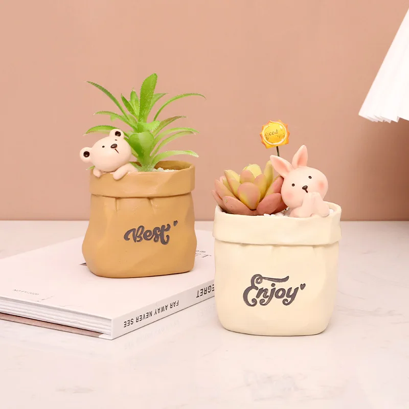 Creative Nordic Ins Paper Bag Mini Flower Pot for Succulents Home Office Decor Resin Planter
