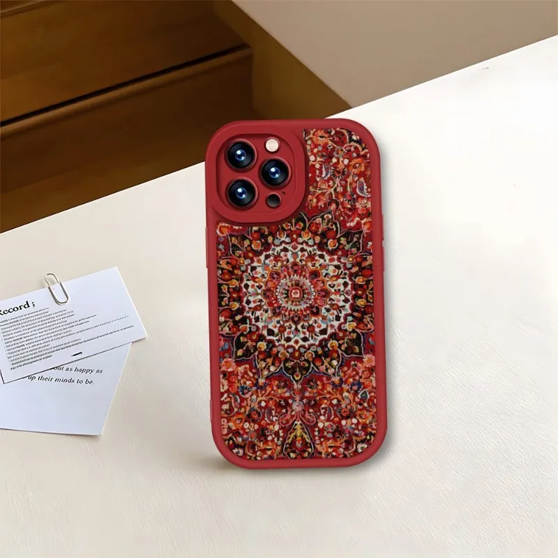 Funda de teléfono con patrón Floral de alfombra persa roja para IPhone, 11, 13, 14, 12 Pro Max, Mini, Xs, X, Xr, 7, 8 Plus, SE2020, textura de cuero