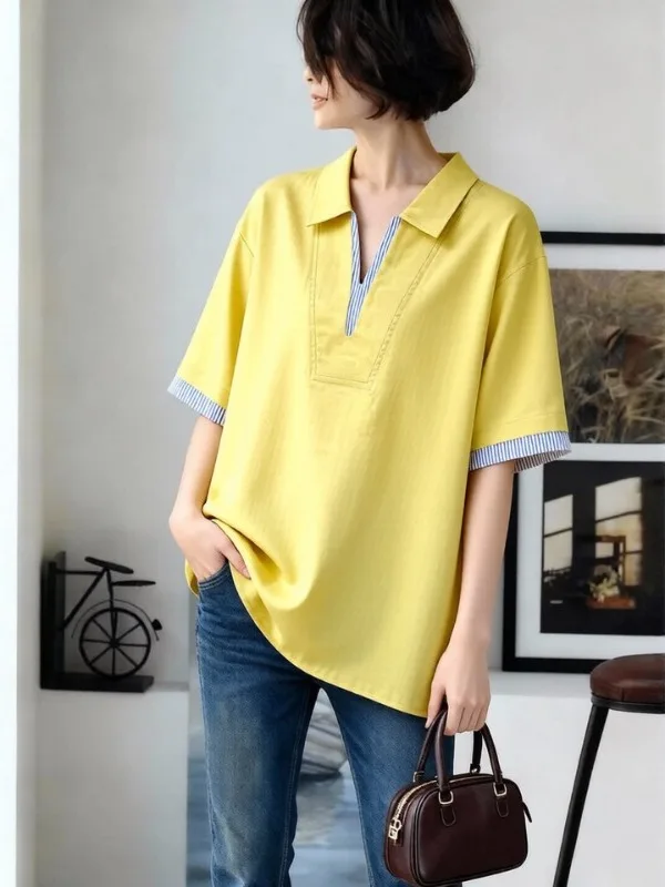 

plus Size 300 Pounds Slimming Women's Shirt Design Casual Loose Fit Short Sleeve Striped Color Block Turn-down Collar Summer