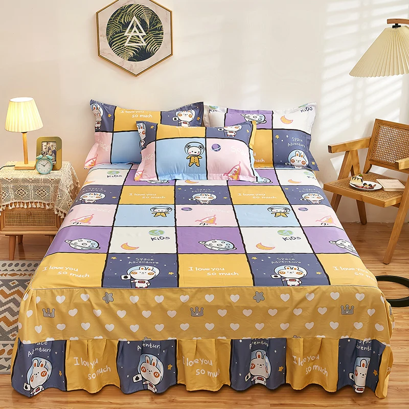 Kawaii Bear Rabbit Bed Skirt 100% Cotton Cartoon Bedskirt 3 Side Coverage Drop Dust Ruffle,3 Piece 1 Bed Sheet & 2 Pillowcases