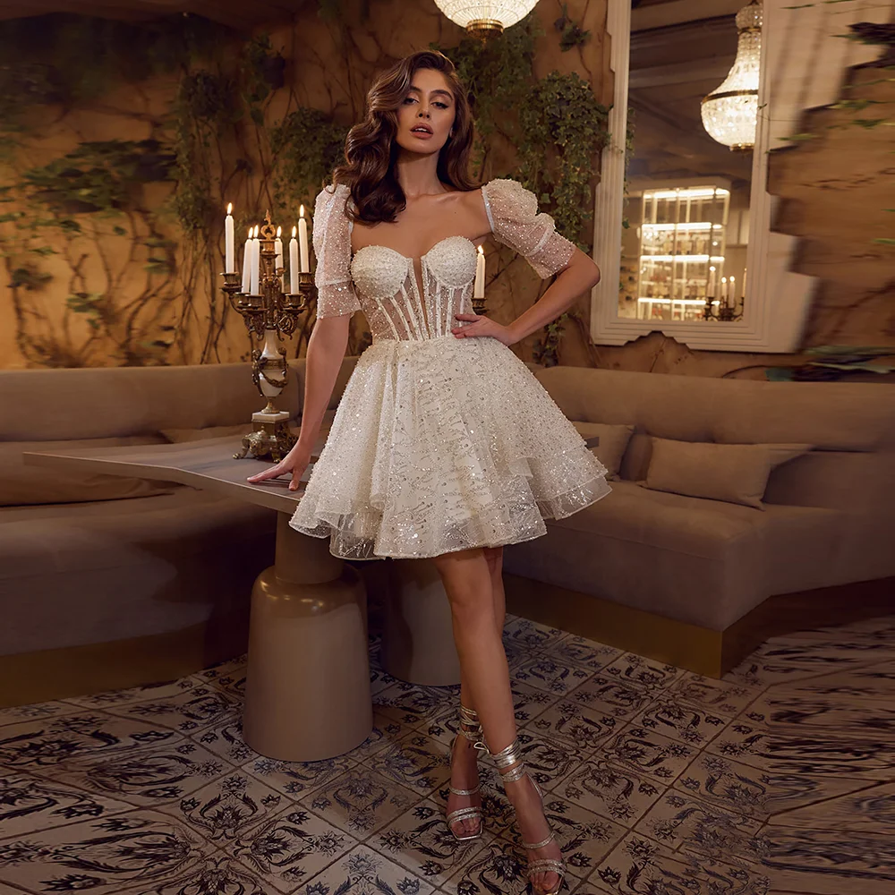 

Sweetheart Collar Sequins A-line Shiny Short Mini Prom Party Gown Lace up Prom Dress with Detachable Short Sleeve Customized