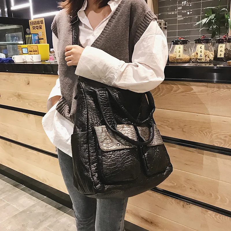 Big Soft Leather Women Bag Large Capacity Shoulder Shopper Tote Black Crocodile Crossbody Handbag Casual Female Travel Hobo Bag