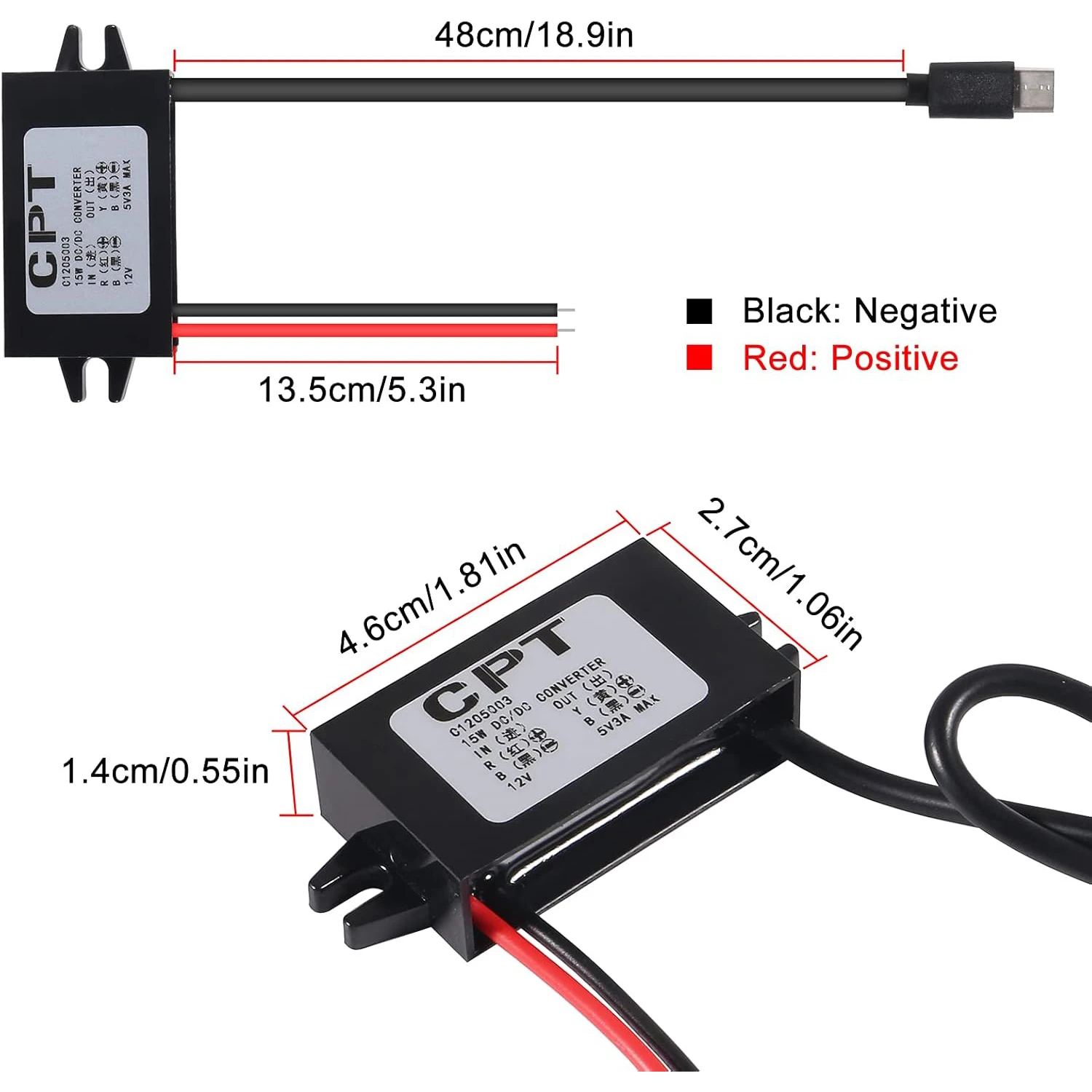 DC Converter 12V/24V to 5V 3A 15W DC Buck Converter Module Type-C USB Power Adapter for Raspberry Pi 4, Cellphone, Car