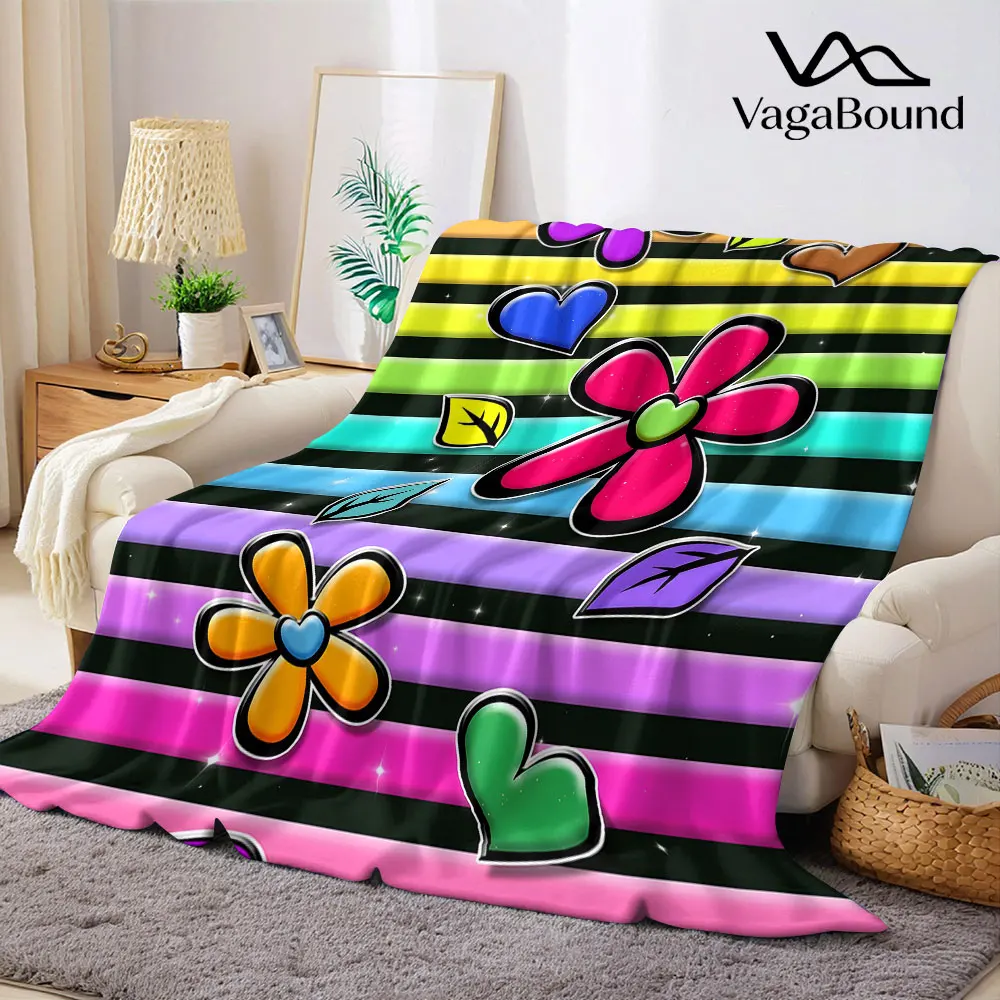 Rainbow Sticker Floral Flannel Blanket Warm Soft Halloween Christmas Decorative Couch Warm Cozy All-Season Gift