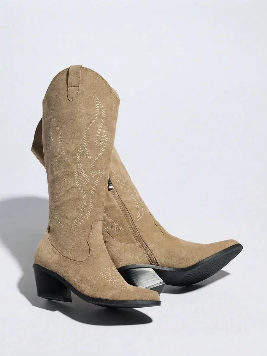 

Womens Tan Faux Suede Western Knee High Boots With Embroidery Side Zipper Square Toe Block Heel