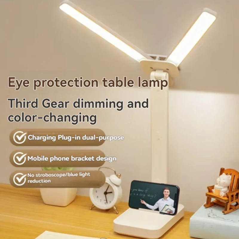 Dual Head LED Desk Lamp, Foldable Dimmable Reading Light with USB Rechargeable Battery, Night Light for Bedroom, Dorm, Study