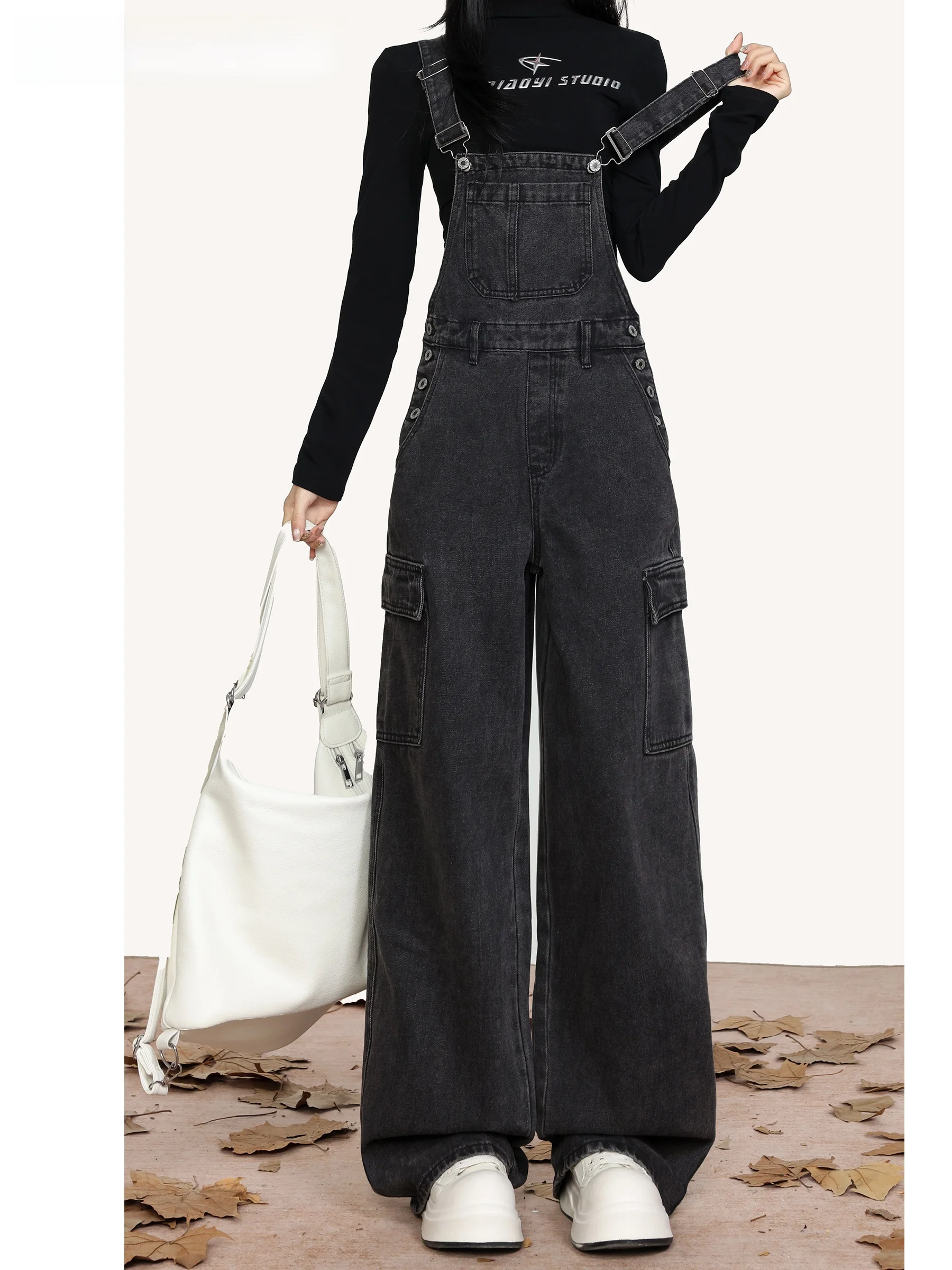 

La Chapelle American Sle Denim Overalls Women's Winter Loose Wide Leg Slimming Workwear High Waist ket Detail Jeans