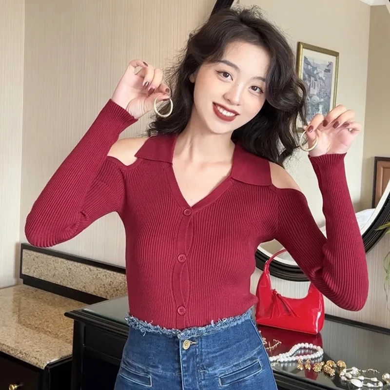 Korean Style Chic Lapel Women Sweaters Y2K Fashion Sexy Off Shoulder Slim Tops Female Autumn Solid All-Match Button Cardigan