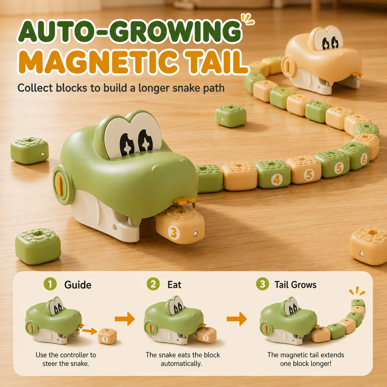 Magnetic Snake Toy Remote Control Growing Snake Game Sound Light Self Eating Snake Blocks Interactive Family Game Toy for Kids