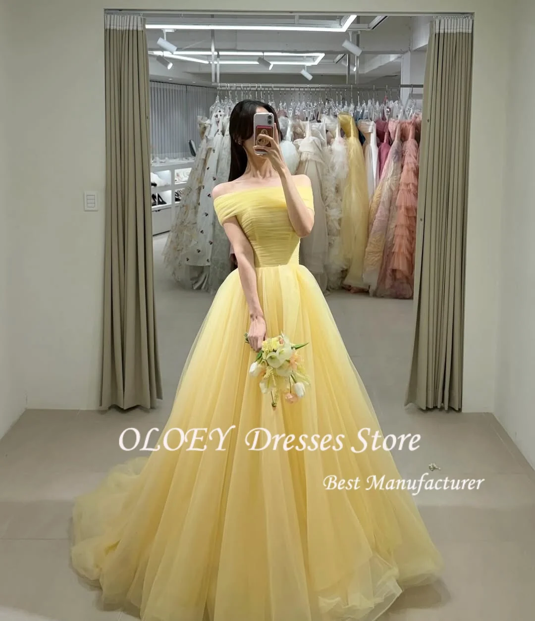 OLOEY Fairy Yellow A-line Wedding Party Dresses Strapless Shawl Pleat New Korea Photoshoot Party Dress 웨딩드레스 Customized