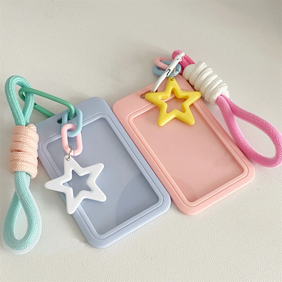 1 Pc Morandi Colorful Star Pattern Sliding Cover Woven Rope Keychain Campus Work Card Protection Kpop Idol Photo Card Holder